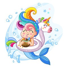 Vector cute kawaii mermaid in inflatable circle