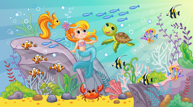 Sea world wildlife background with mermaid vector