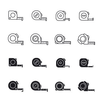 Measure tape line and glyph icon set. Simple outline and solid style collection. Meter, length, metric, size concept for app and web. Vector illustration isolated on white background. EPS 10.