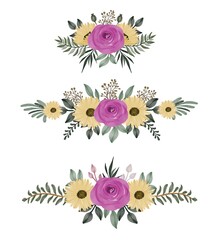 Set of watercolor floral frame bouquets of pink and sun flower

