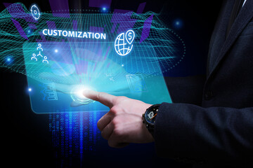 Business, Technology, Internet and network concept. Young businessman working on a virtual screen of the future and sees the inscription: Customization