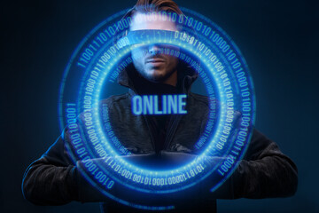 Man in glasses of virtual reality, boxing gloves. Augmented reality, future technology concept. Futuristic holographic interface to display data. Cyber crime, cyber attack, system breaking concept.