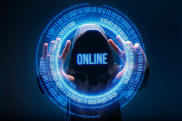 Dangerous hacker. Internet, cyber crime, cyber attack, system, game, breaking and malware concept. Dark background. Futuristic holographic interface to display data. Man in glasses of virtual reality.