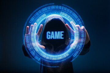 Internet, cyber crime, game concept. Futuristic holographic interface to display data. Man in glasses of virtual reality presses the start button.