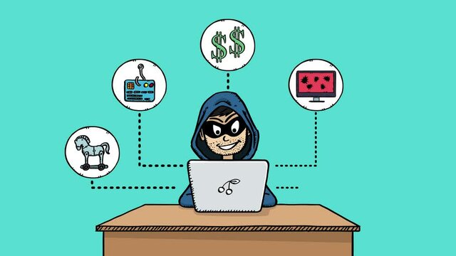 Cartoon style animation of hacker working on his laptop, surrounded by icons. The hacker is in his mask and hood, and hi is sitting in front of a desk.