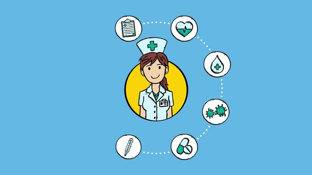 Animation of cartoon style female nurse avatar, surrounded by medical icons. Sketch style doodle colorful illustration.