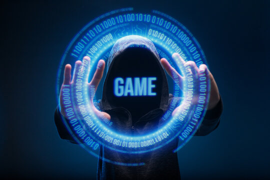 Internet, cyber crime, game concept. Futuristic holographic interface to display data. Man in glasses of virtual reality presses the start button.