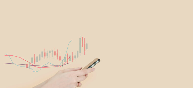 Woman hand with mobile and graph, Technical price graph and indicator, red and green candlestick chart and stock trading on beige background, Bitcoin and crypto currency illustration Concept, 