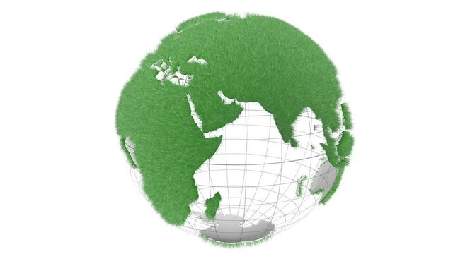 3d animation of the globe rotating on its axis in space. Grassy continents alongside a brilliant blue sea. Cropped image on white background.