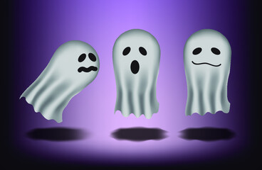Ilustración de unos fantasmas sobre fondo morado