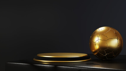 3d rendering of black podium pedestal isolated on black background, gold frame, memorial board, abstract minimal concept, luxury minimalist mockup