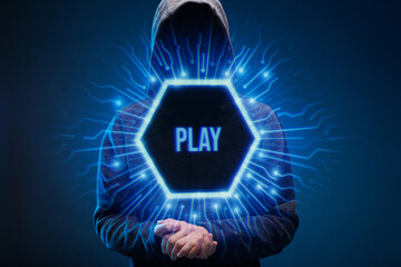 Internet, cyber crime, game concept. Futuristic holographic interface to display data. Man in glasses of virtual reality presses the start button.