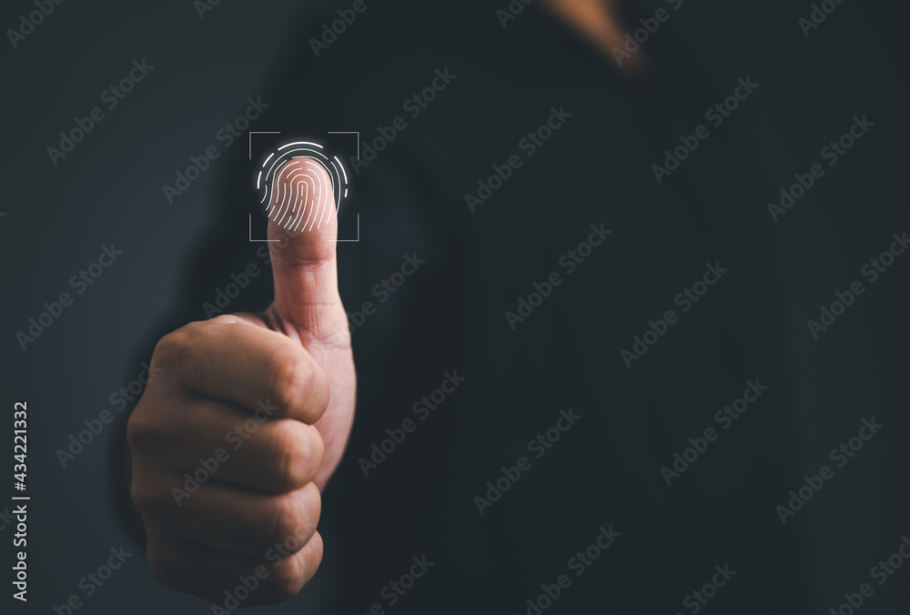 Aufkleber businessman scan fingerprint biometric identity and approval. concept of the future of security and 