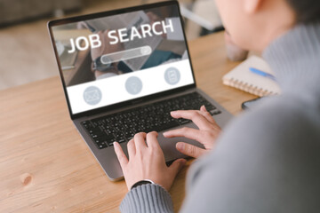 job search concept, find your career, woman looking at online website by laptop computer.