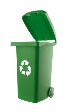 Plastic green trash can isolated on white background