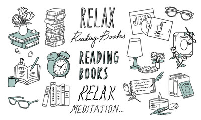 Relaxed reading Time motifs vector line illustrations. リラックスした読書タイムのベクターイラスト
