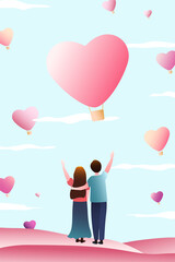 Valentines day illustration. Lovers waving to pink heart shaped hot air balloons in the sky.
