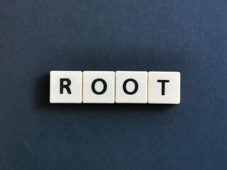 Phrase ROOT center placed lettering created using square letter tiles isolated on dark background.