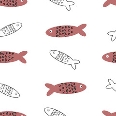 Seamless vector pattern in Scandinavian style with fish illustrations. 