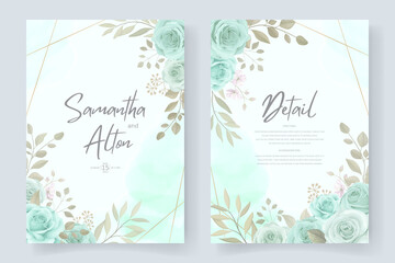 Elegant wedding invitation template with turquoise color floral ornament