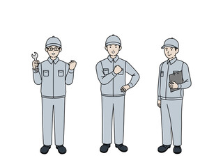 業者　整備士　作業着を着た男性　全身　イラスト素材