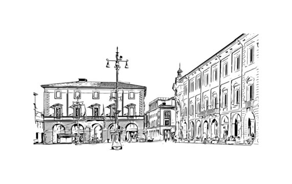 Building view with landmark of Forli is a city in Italy. Hand drawn sketch illustration in vector.