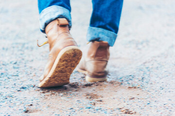 Men wear construction Boots safety footwear for worker at construction site. Engineer Wear Jeans...