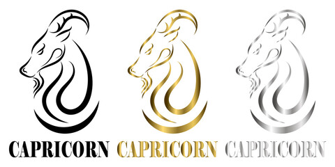 line vector logo of goat head It is sign of capricorn zodiac three art there are three color black gold silver