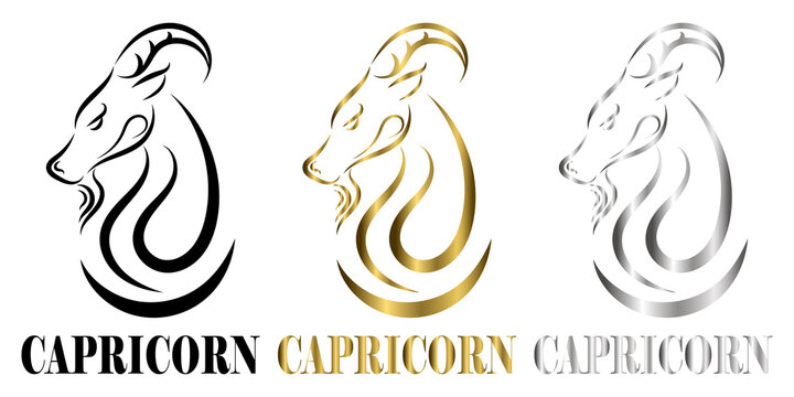 Line Vector Logo Of Goat Head It Is Sign Of Capricorn Zodiac Three Art There Are Three Color Black Gold Silver