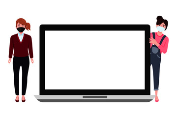 Young beautiful businesswoman characters wearing business outfit standing behind blank laptop screen and pointing waving isolated