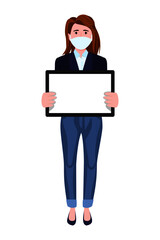 Young beautiful businesswoman a character wearing business outfit facial fabric mask standing and holding blank tablet screen