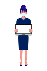 Young beautiful businesswoman a character wearing business outfit facial fabric mask standing and holding blank laptop screen