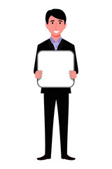 Young beautiful businessman a character wearing business outfit standing and holding blank placard