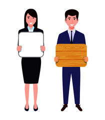 Young beautiful businessman and businesswoman character wearing business outfit standing with placard wooden board and posing