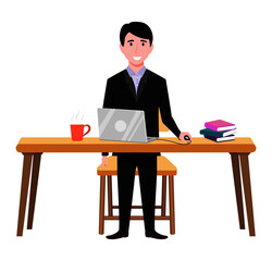 Young beautiful businessman a character wearing business outfit setting on desk with laptop coffee books and waving