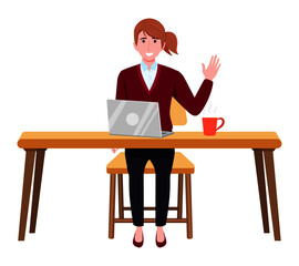 Young beautiful businesswoman a character wearing business outfit setting on desk with laptop coffee plant and waving