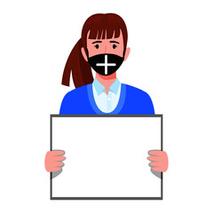 Young businesswoman character wearing business outfit fabric mask holding blank board placard isolated