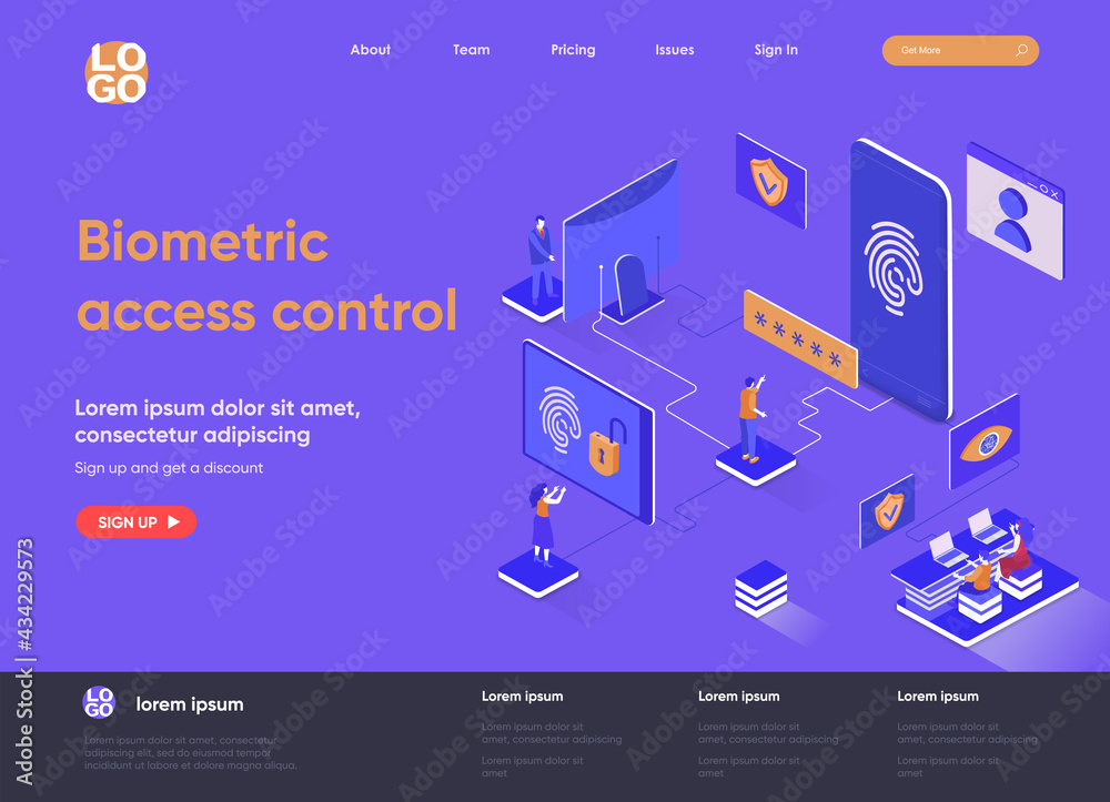 Poster Biometric access control isometric landing page design. Fingerprint scan provides security access isometry concept. Biometrics identification flat web page. Vector illustration with people characters.