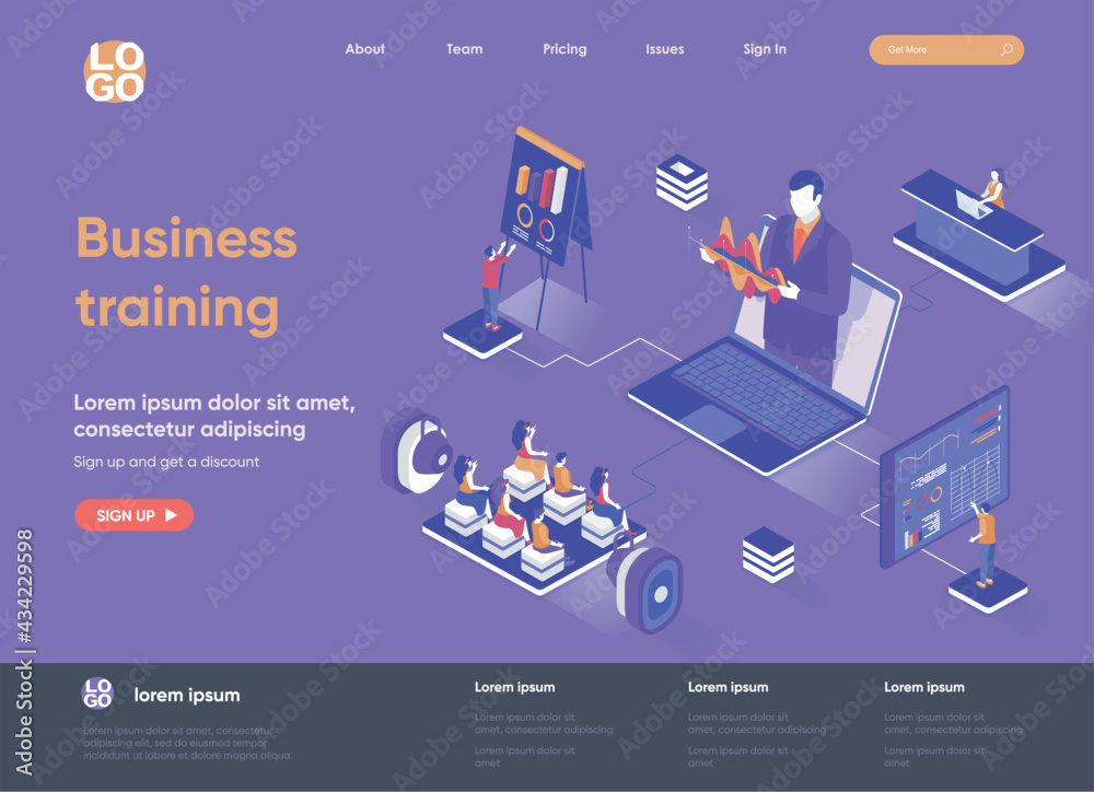 Poster business training isometric landing page. business workshop, online webinar with coach isometry conc