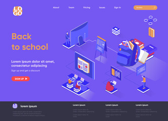 Back to school isometric landing page. Elementary and high schools education isometry concept. Distance education program, online learning flat web page. Vector illustration with people characters.