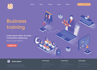 Business training isometric landing page. Business workshop, online webinar with coach isometry concept. Professional skills development flat web page. Vector illustration with people characters.