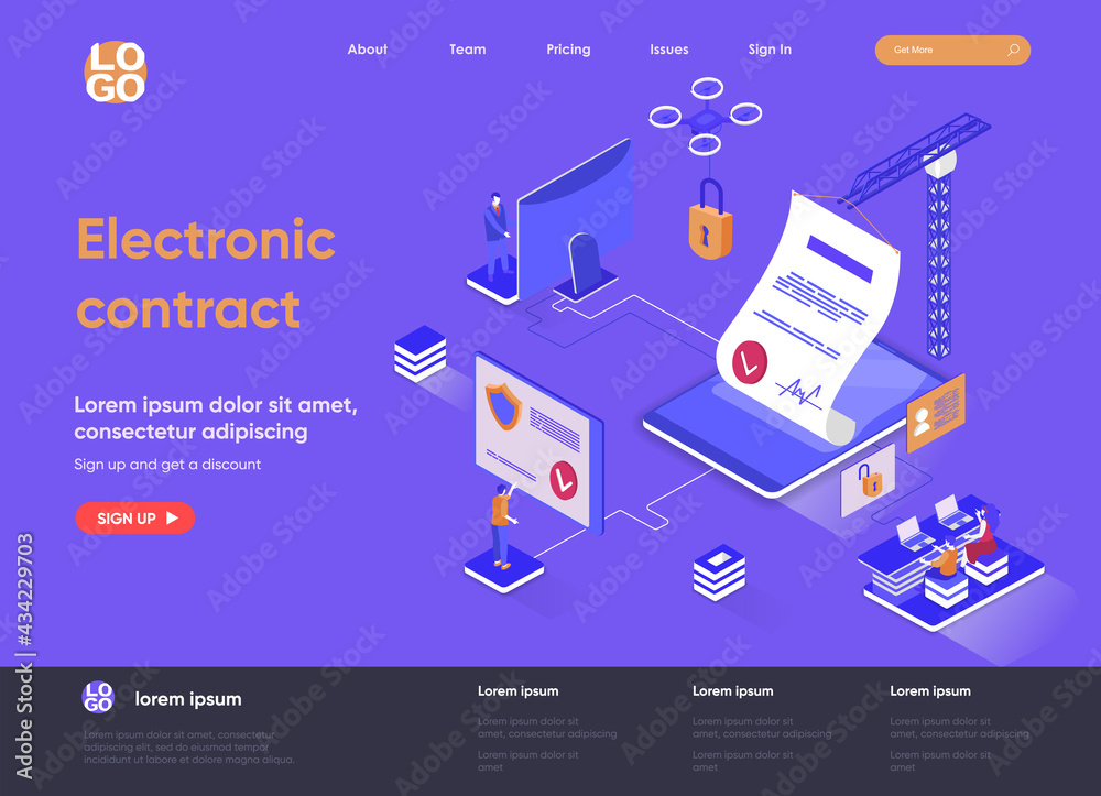 Leinwandbilder electronic contract isometric landing page design. online sign contract or documents technology isom