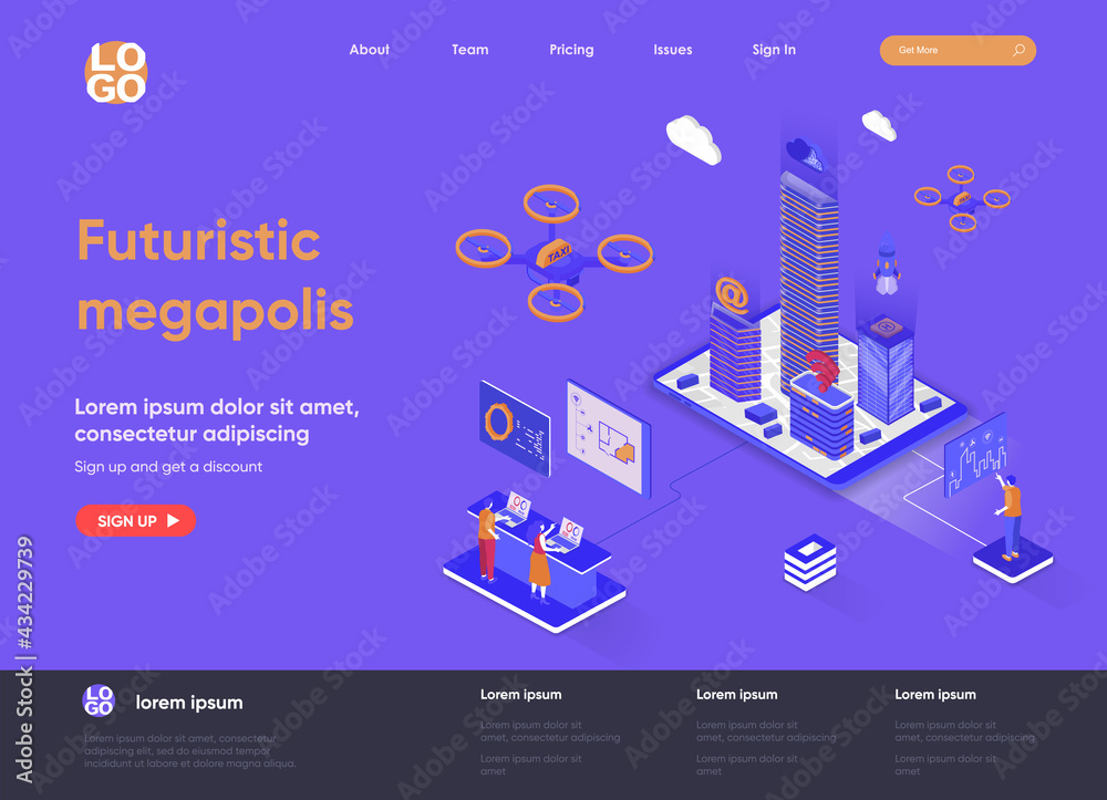 Poster futuristic megapolis isometric landing page design. modern architecture and digital technologies iso