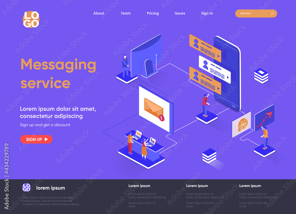Leinwandbilder messaging service isometric landing page. internet messenger mobile application isometry concept. on