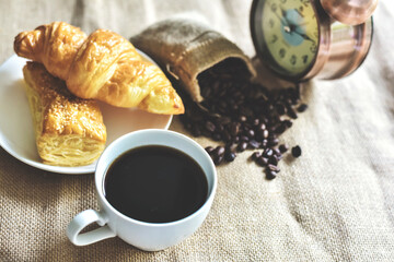 Coffee break times. Aroma of hot black americano coffee with bakery a good refreshing afternoon. World Food and drink concept