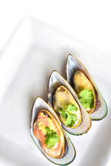 Fresh New Zealand Mussel on white plate.In selective focus