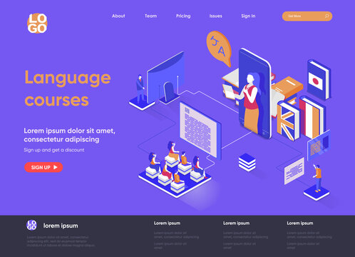 Language courses isometric landing page. Online language tutors, teaching service isometry concept. E-learning platform, distance education flat web page. Vector illustration with people characters.