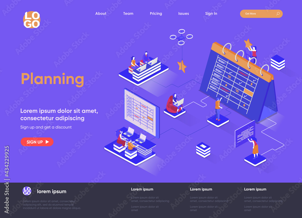 Aufkleber planning isometric landing page. business planning, organizing work activities and tasks isometry co
