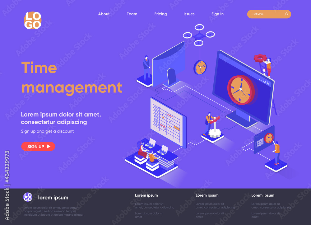 Fototapete time management isometric landing page. effective planning workflow and performing tasks isometry co