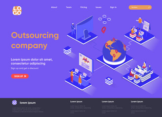 Outsourcing company isometric landing page. Remote workforce and freelancers recruiting isometry concept. Outsourcing software development service web page. Vector illustration with people characters.